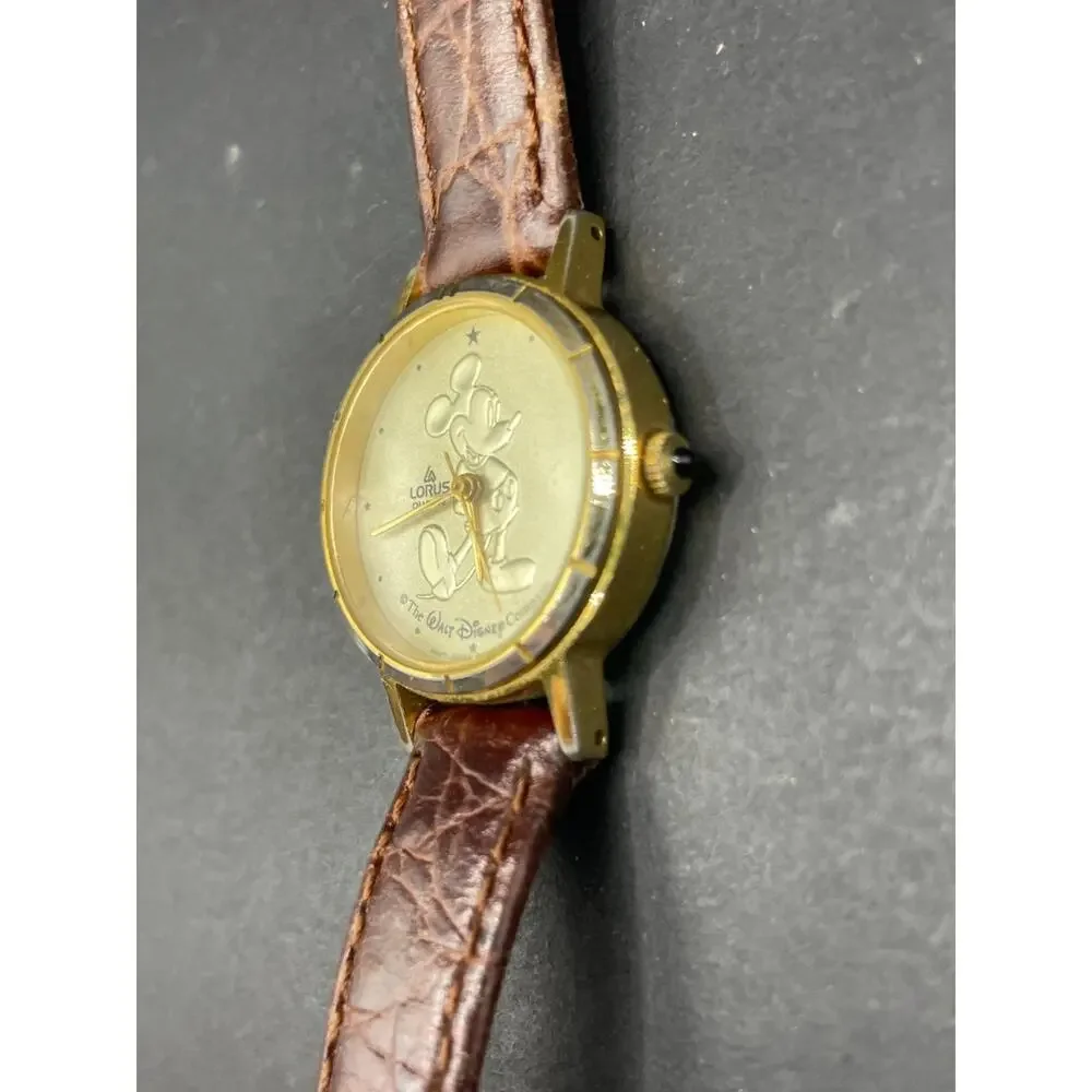 Vintage Disney Lorus Mickey Mouse Watch Gold Tone Brown Leather Band 26mm